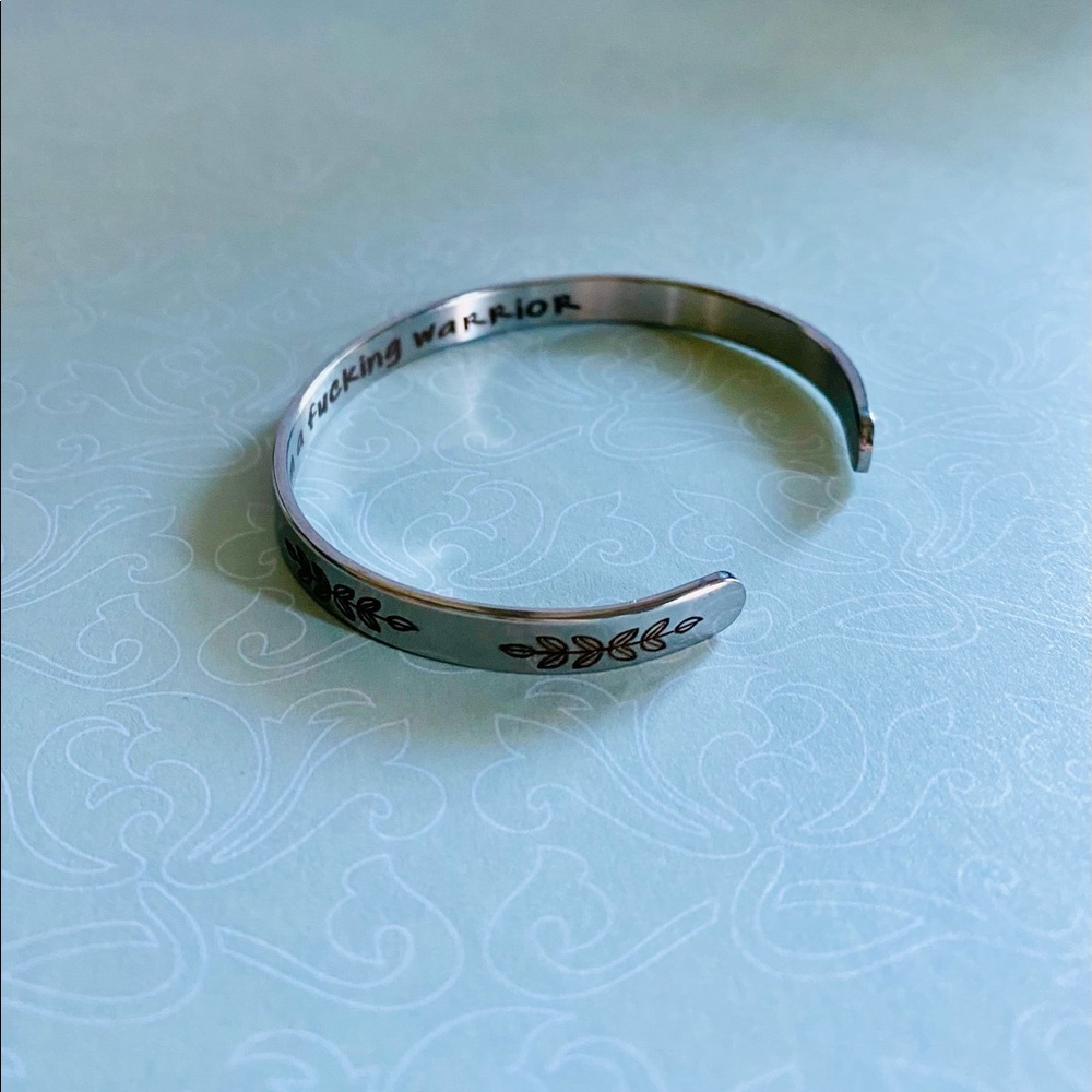 Silver Bracelet w Hidden message “I am a f*cking warrior” bangle cuff jewelry - Picture 4 of 6